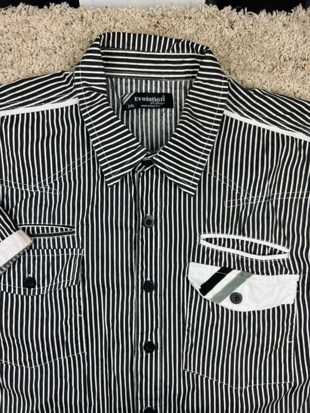 Evolution In Design Button Up Shirt Men 2XL Gray White Striped Short Sleeve